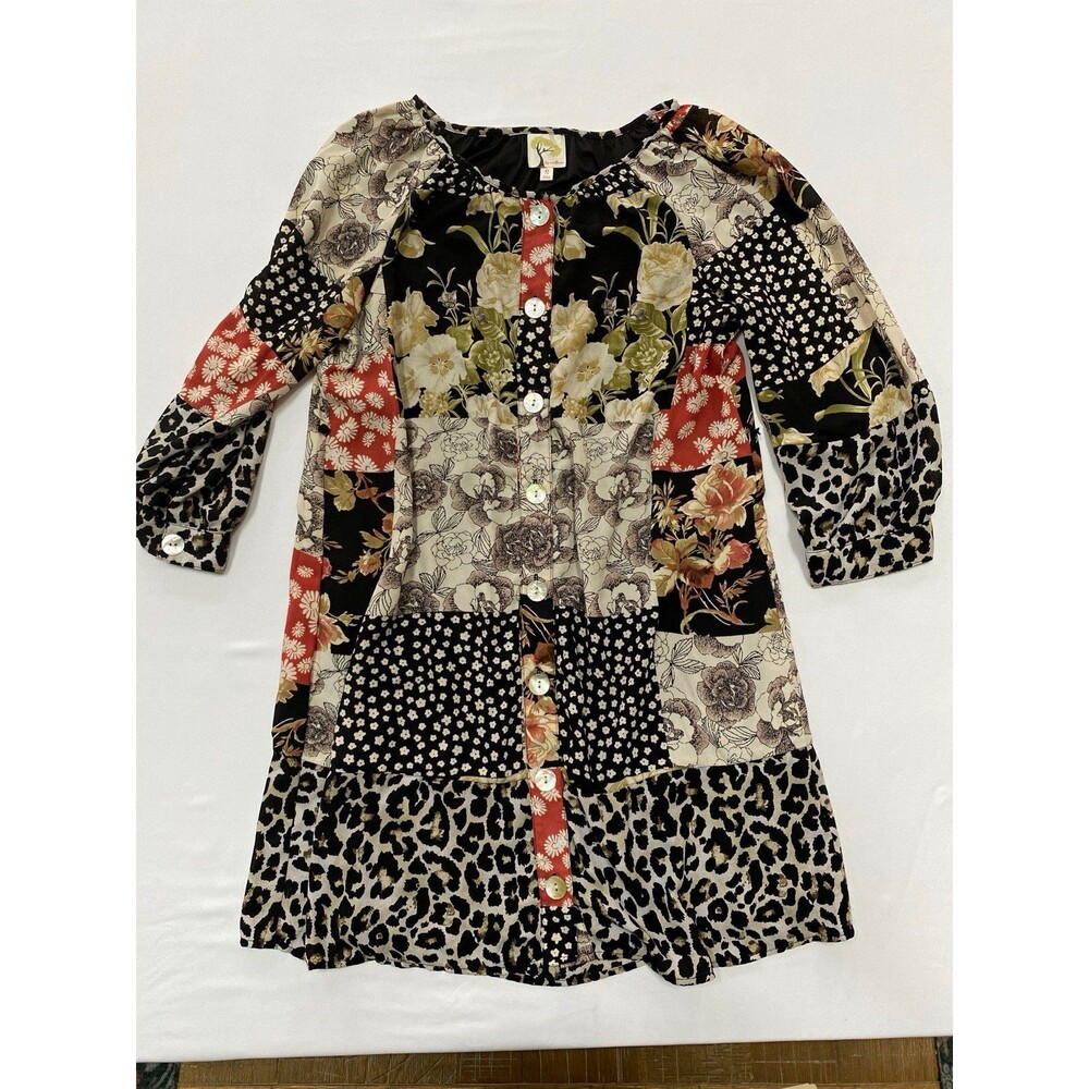 Fig and Flower Patchwork Shirt Dress S Multicolor Woven Button Front Long Sleeve